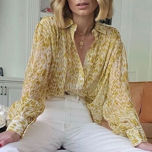 ANINE BING NWOT Caleb Silk Blouse in Marigold Leo - Picture 1 of 16